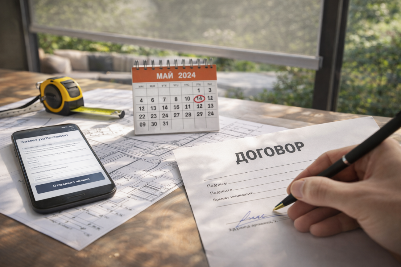 Замер, согласование даты, расчет с фиксацией цены на 30 дней и заключение договора с запуском производства и монтажа.