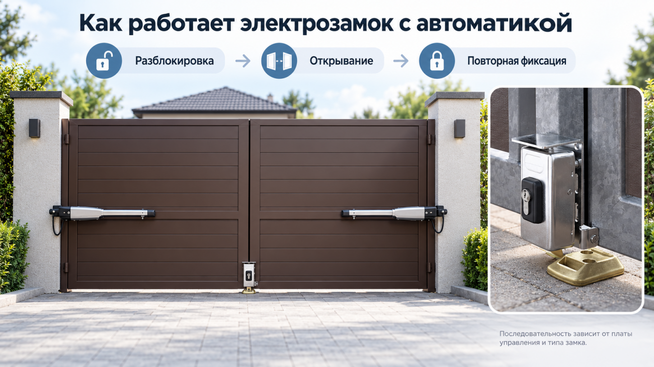 Инфографика показывает последовательность работы электрозамка вместе с автоматикой распашных ворот: сначала замок разблокируется, затем приводы открывают створки, а после закрытия ворот электрозамок снова фиксирует створки. Отдельно показан пример установки электрозамка в нижней центральной части ворот. Последовательность работы зависит от платы управления и типа замка