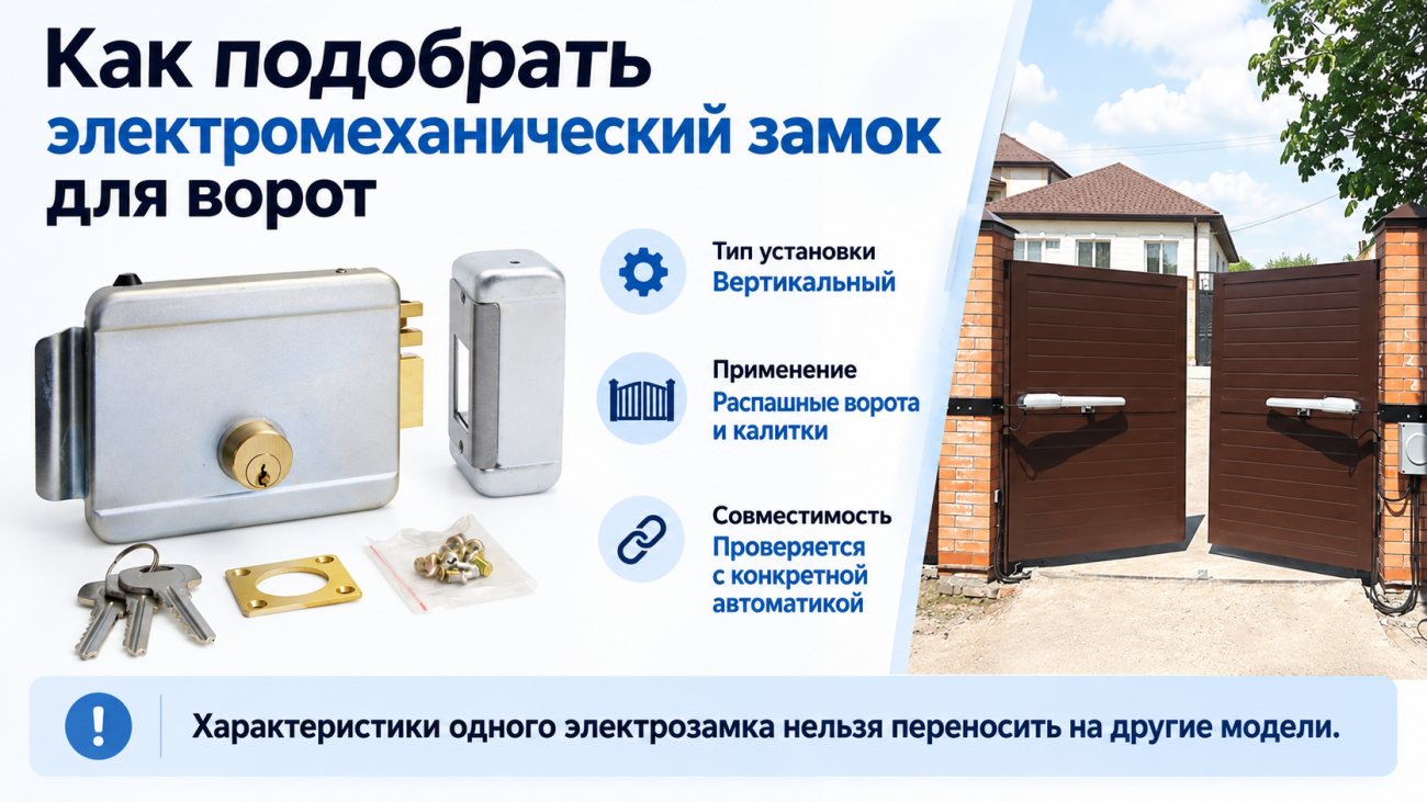 Инфографика показывает электромеханический замок для распашных ворот и калиток, пример комплектации и вариант применения совместно с автоматикой. При подборе необходимо учитывать тип установки замка и проверять его совместимость с конкретной моделью автоматики. Характеристики одного электрозамка нельзя автоматически переносить на другие модели