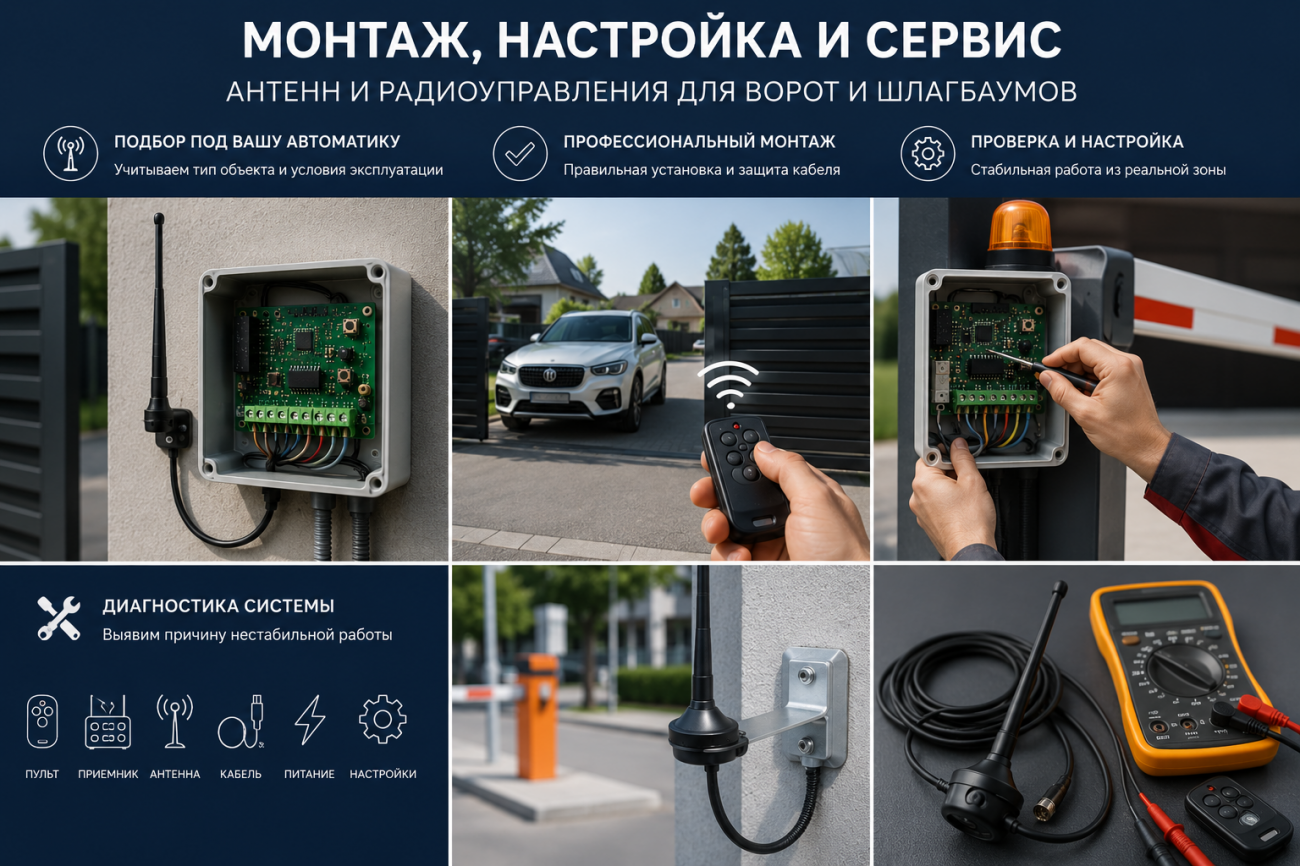Монтаж, настройка и сервис антенн и радиоуправления для ворот и шлагбаумов