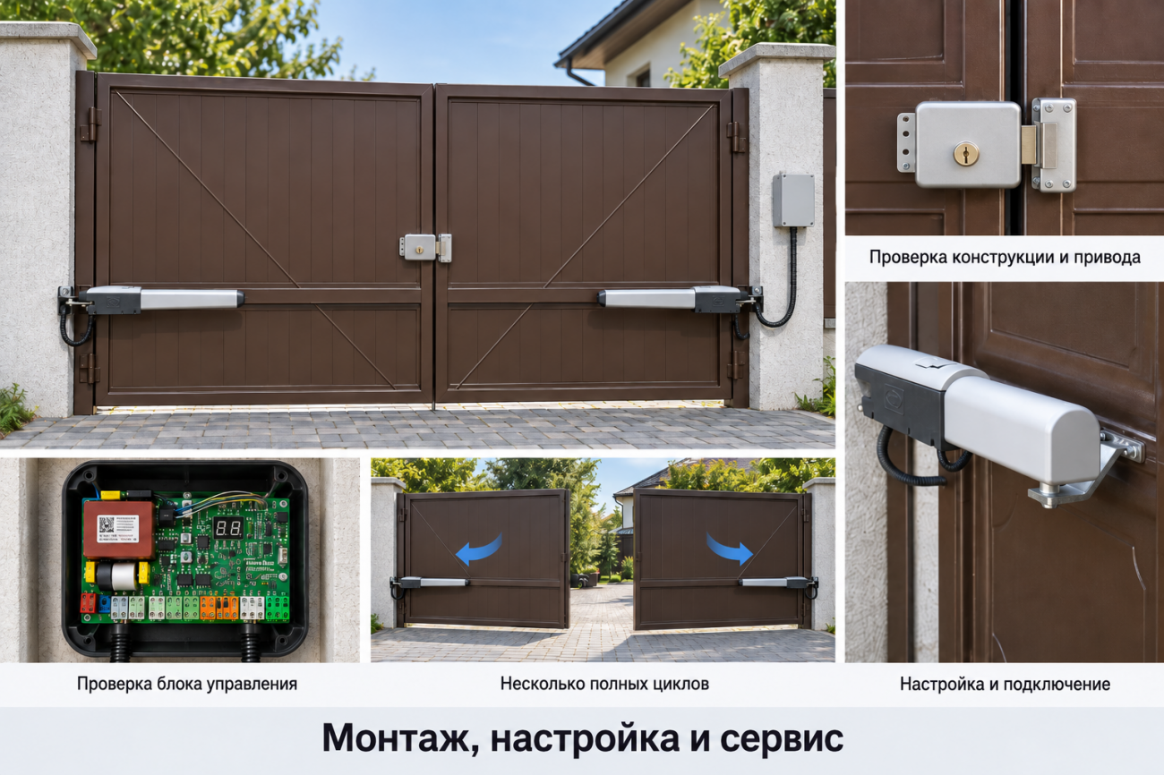 Инфографика показывает основные этапы проверки и обслуживания автоматических распашных ворот с электрозамком: контроль конструкции ворот и приводов, проверку блока управления, настройку и подключение оборудования, а также несколько полных циклов открытия и закрытия после завершения работ