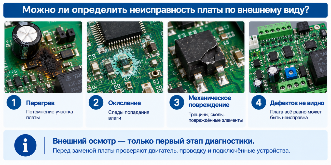 Инфографика показывает, какие повреждения платы управления можно заметить при внешнем осмотре: следы перегрева, окисление после попадания влаги и механические повреждения компонентов. Также указано, что отсутствие видимых дефектов не исключает неисправность платы и перед её заменой необходимо проверить двигатель, проводку и подключённые устройства