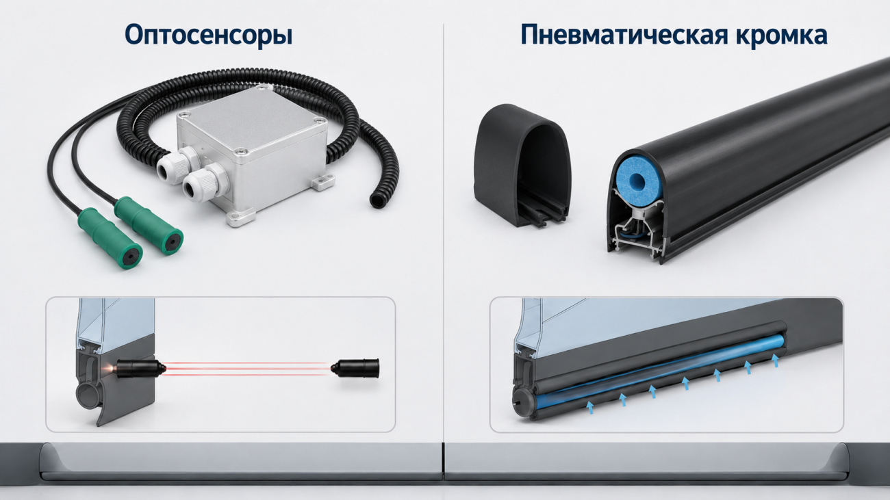 Сравнение оптосенсоров и пневматической кромки безопасности для нижнего уплотнителя секционных ворот