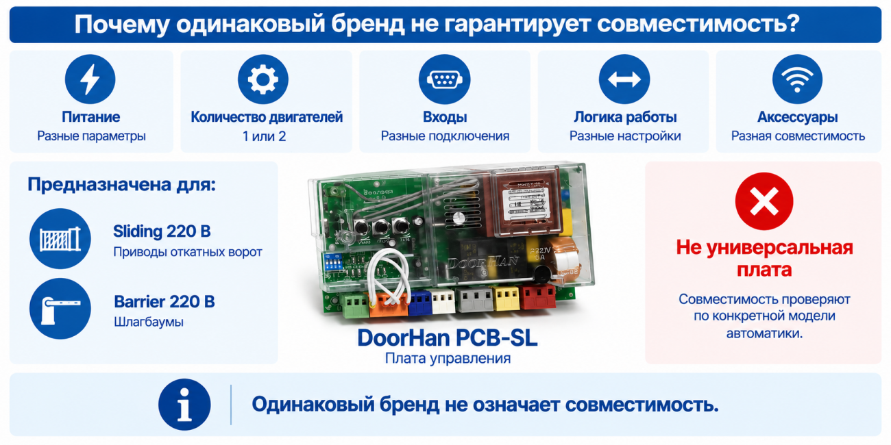 Инфографика объясняет, почему одинаковый бренд оборудования не гарантирует совместимость платы управления. Показана плата DoorHan PCB-SL и основные параметры, которые необходимо учитывать при подборе: питание, количество двигателей, типы входов, логика работы и совместимость аксессуаров. Указано, что плата предназначена для автоматики Sliding 220 В и Barrier 220 В и не является универсальной
