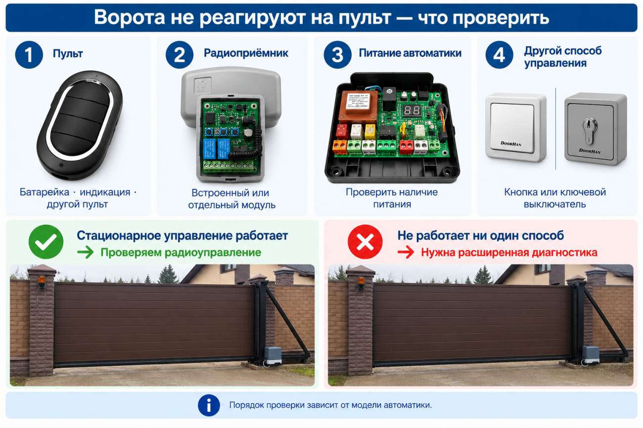 Пошаговая схема проверки автоматики ворот при отсутствии реакции на пульт: проверка самого пульта, радиоприёмника, питания автоматики и альтернативного способа управления через кнопку или ключевой выключатель. Отдельно показано, как определить, связана ли неисправность именно с радиоуправлением или требуется расширенная диагностика системы