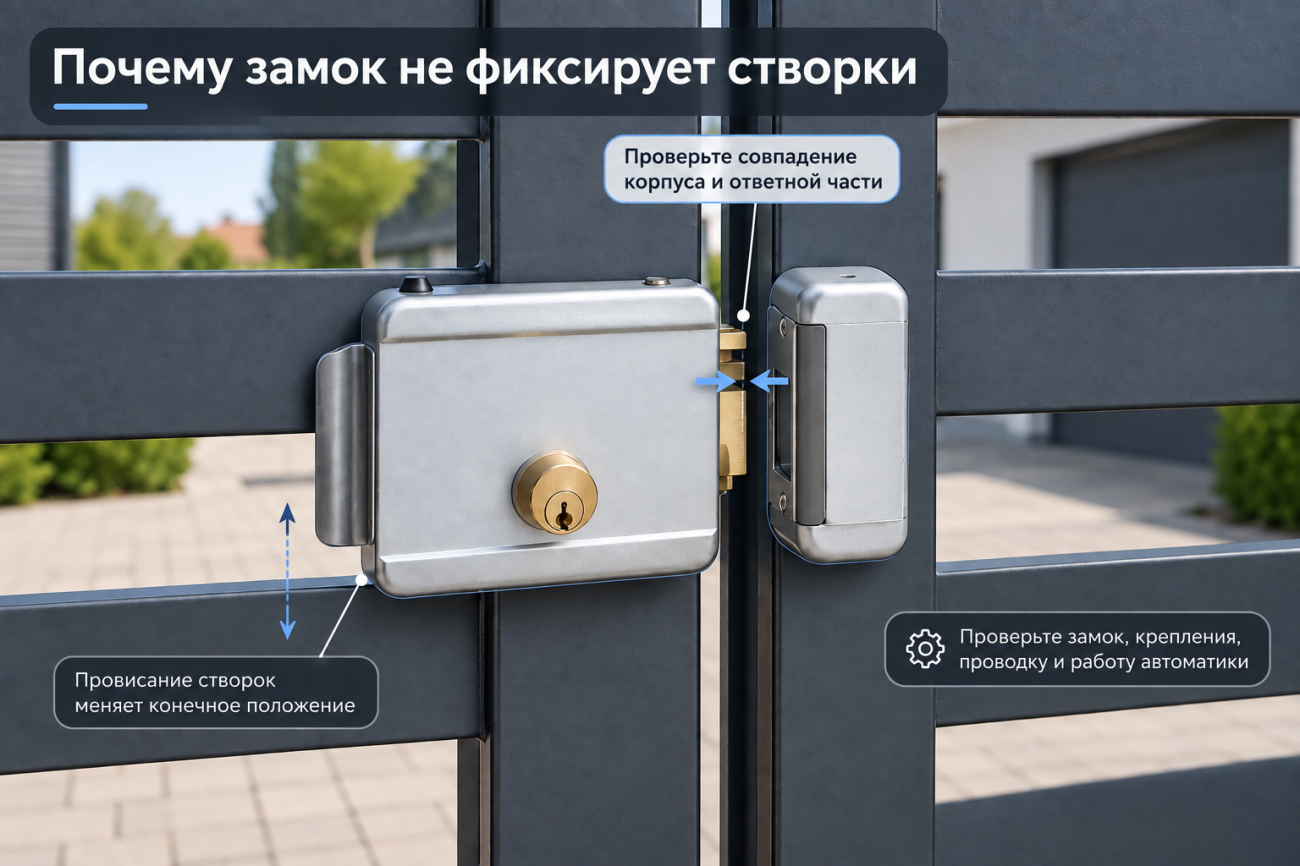 Инфографика показывает электромеханический замок и ответную часть на распашных воротах. Основные причины отсутствия фиксации створок после закрытия &mdash; несовпадение положения замка и ответной части, провисание створок, проблемы с креплением, проводкой или работой автоматики. Перед заменой замка необходимо проверить механику ворот и правильность установки элементов