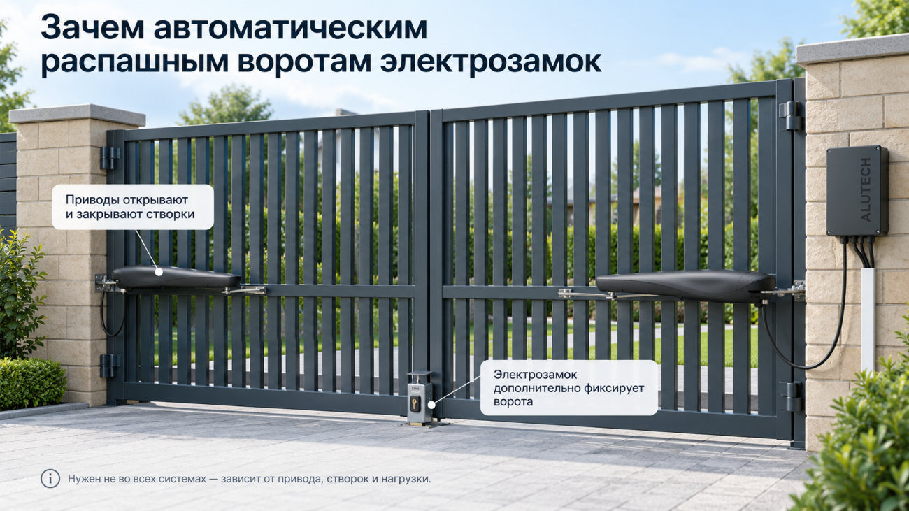Автоматические распашные ворота с электроприводами и дополнительным электрозамком. Приводы открывают и закрывают створки, а электрозамок дополнительно фиксирует ворота в закрытом положении. Необходимость установки электрозамка зависит от модели автоматики, конструкции створок и условий эксплуатации