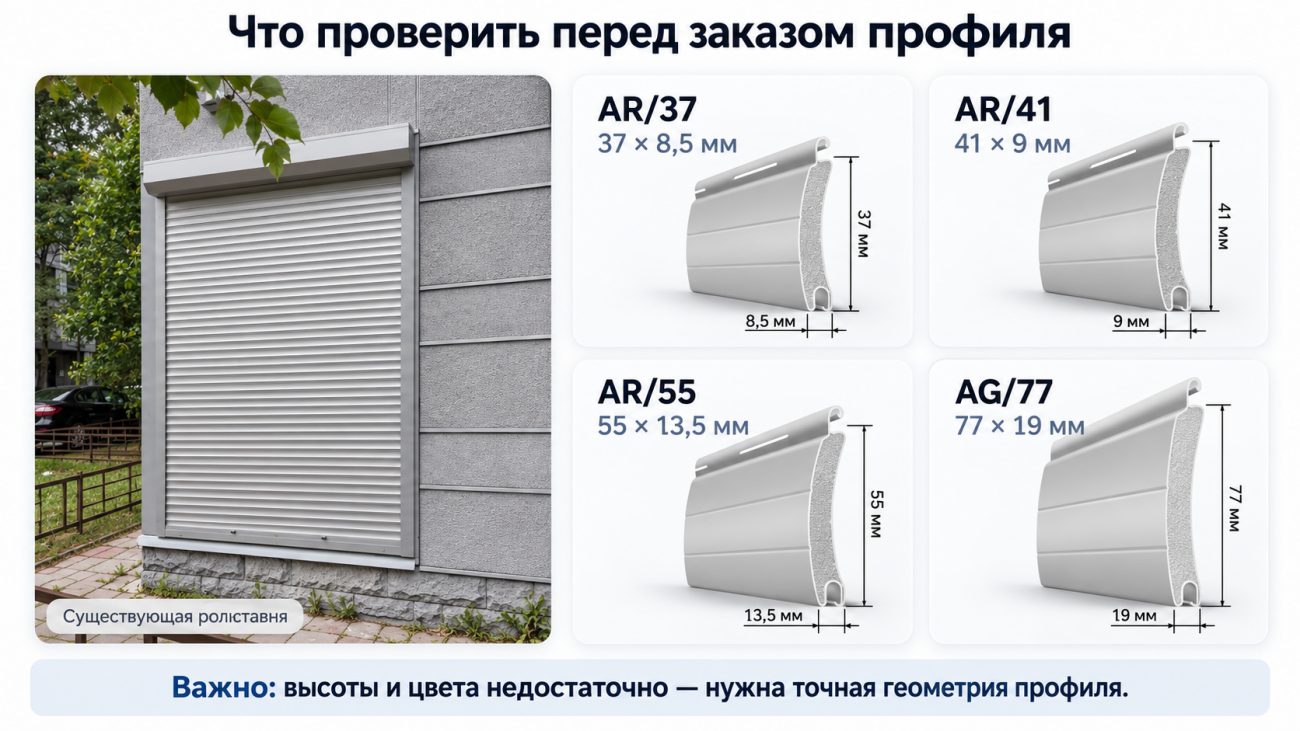 Инфографика показывает различия между подбором профиля для ремонта существующего полотна и выбором профиля для новой роллетной системы. При ремонте необходимо точно определить используемый профиль и его геометрию, например AR/37, AR/41, AR/55 или AG/77. Для новой системы профиль подбирают вместе с остальными элементами конструкции. Одного совпадения высоты ламели и цвета недостаточно &mdash; важна полная геометрия профиля