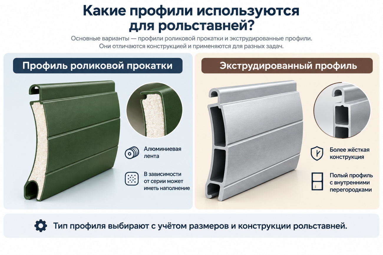 Инфографика показывает два основных типа профилей для рольставней: профиль роликовой прокатки из алюминиевой ленты, который в зависимости от серии может иметь наполнение, и более жёсткий экструдированный алюминиевый профиль с внутренними перегородками. Тип профиля выбирают с учётом размеров и конструкции рольставней