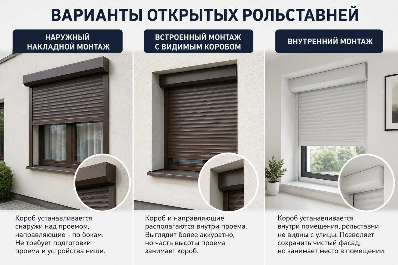 Варианты открытых рольставней с наружным, встроенным и внутренним монтажом