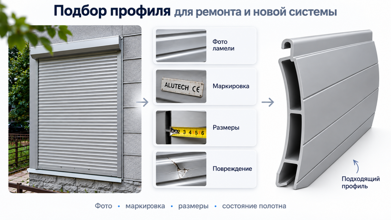 Инфографика показывает, какие данные помогают подобрать профиль для рольставней: фотография ламели, маркировка, размеры и состояние полотна. По этим данным можно определить подходящий профиль для ремонта существующей рольставни или подобрать комплектующие для новой системы