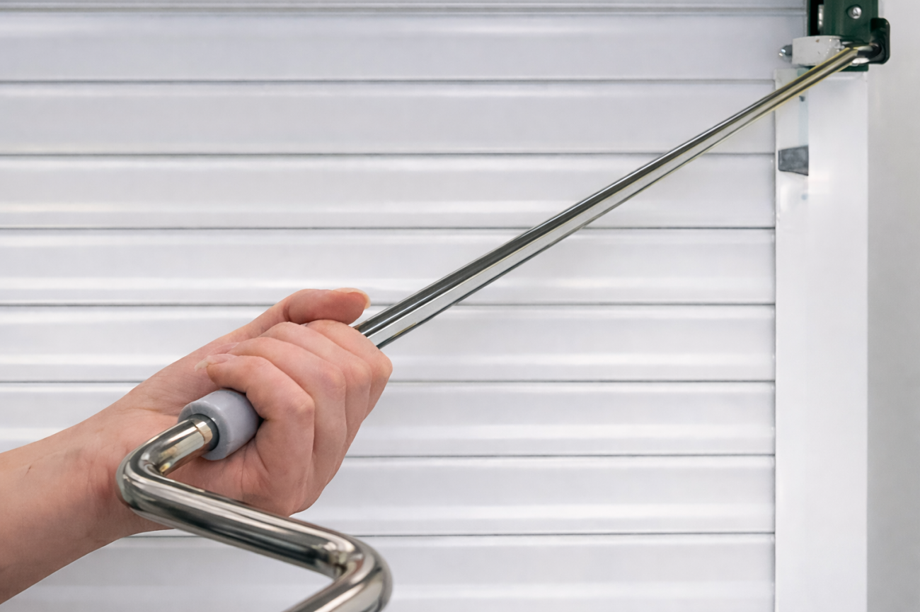 Крупный план: ручной вороток аварийного подъема NHK используется для открытия рольставни при отсутствии питания.