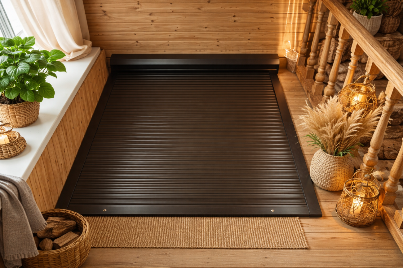 Реалистичное фото горизонтальной рольставни в жилом помещении с сохранением исходного ракурса, размера и геометрии сцены.