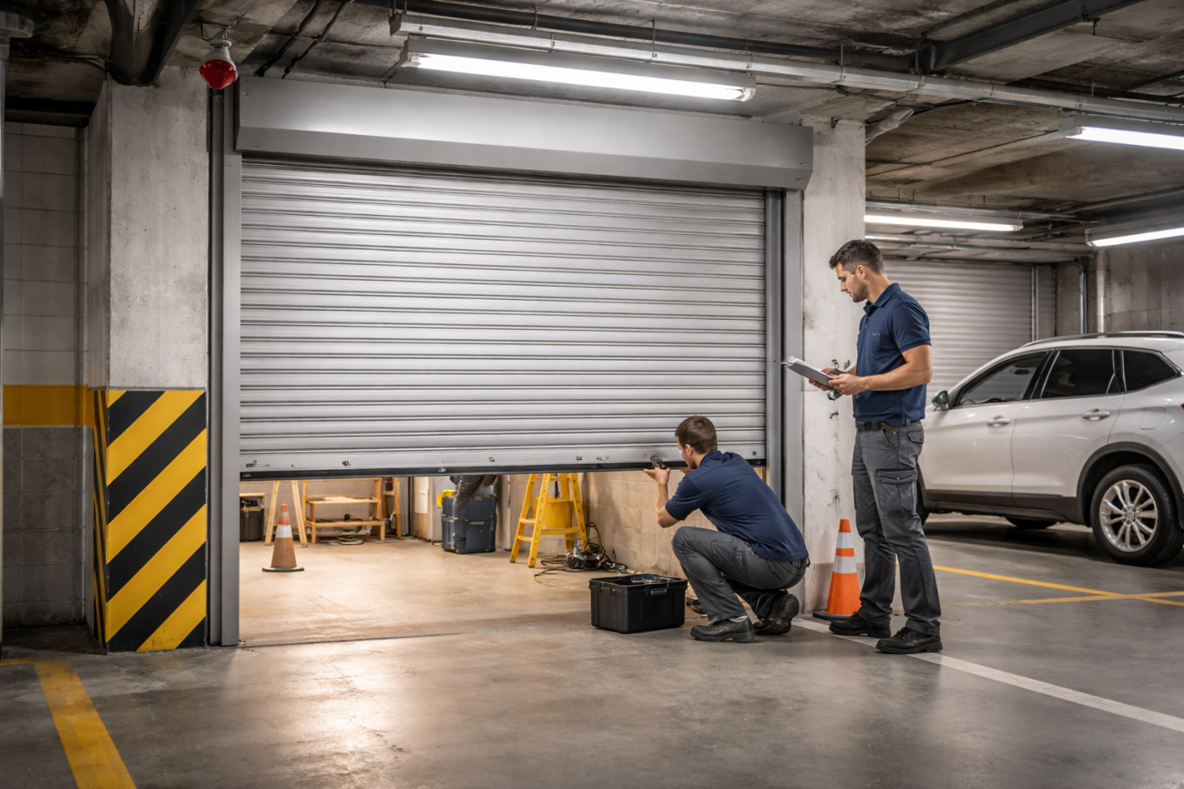 Монтаж и проверка рольставни в подземном паркинге с учетом размеров проема, режима эксплуатации и удобства повседневного использования.