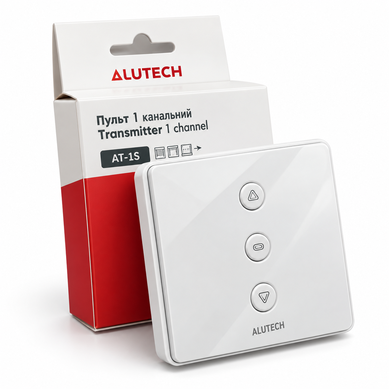 ALUTECH AT-1S - настенный 1-канальный пульт для дистанционного управления автоматическими рольставнями. Позволяет открывать, останавливать и закрывать полотно с постоянного места управления. Работает с совместимой автоматикой и радиоприёмниками ALUTECH.