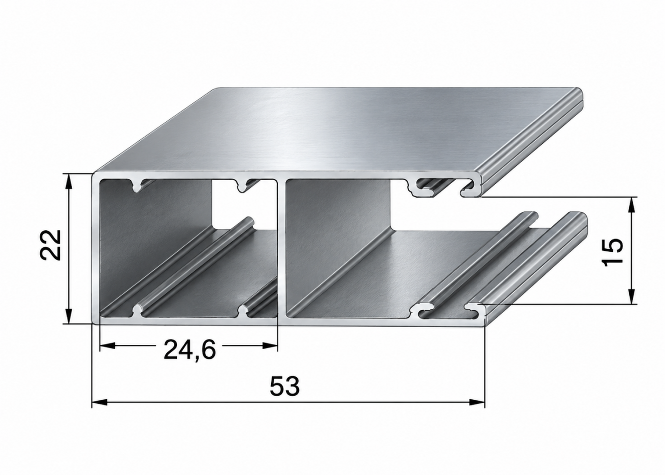 ALUTECH GR53×22/eco - алюминиевая направляющая шина для роллетных систем. Обеспечивает движение и удержание полотна при открывании и закрывании рольставен. Имеет сечение 53×22 мм. Поставляется без вставки. При замене необходимо учитывать совместимость с профилем полотна и боковыми крышками роллетной конструкции.