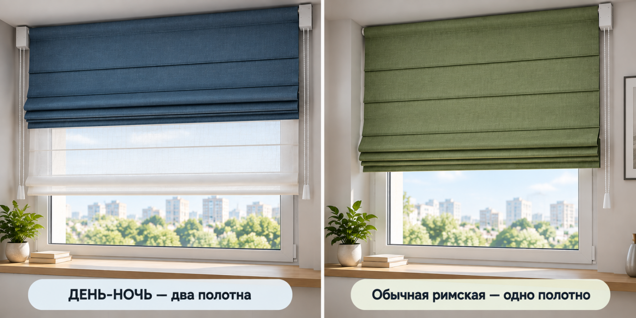 Инфографика сравнивает два варианта римских штор. Слева показана система &laquo;день-ночь&raquo; с двумя полотнами разной светопроницаемости &mdash; плотным и полупрозрачным. Справа показана обычная римская штора с одним полотном. Изображение помогает понять, когда требуется двойная система регулировки света, а когда достаточно одной ткани