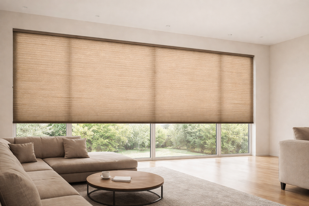 Плиссе MAXI на большом оконном проеме обеспечивают равномерное затемнение, аккуратный внешний вид и удобное управление на широкой площади.