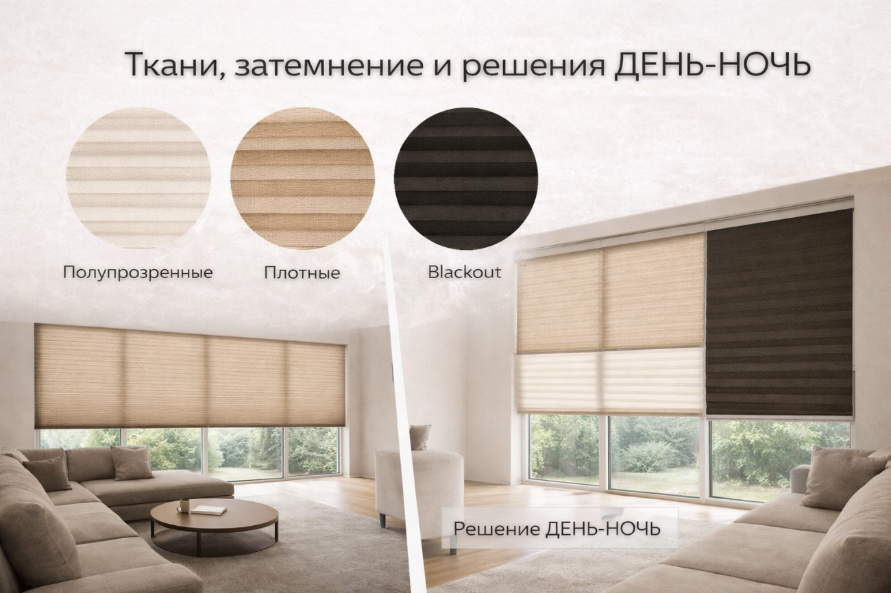 Разные типы тканей и система день-ночь позволяют гибко управлять светом, сочетая рассеивание, приватность и затемнение в одном окне.