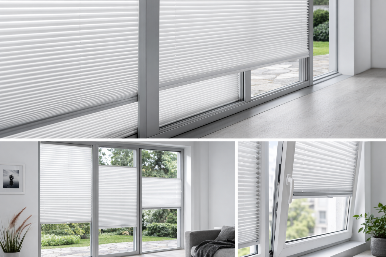 Коллаж демонстрирует компактные шторы плиссе MINI, установленные максимально близко к стеклу на различных типах оконных створок, показывая аккуратную посадку, регулировку света и гармоничное сочетание с современным интерьером.