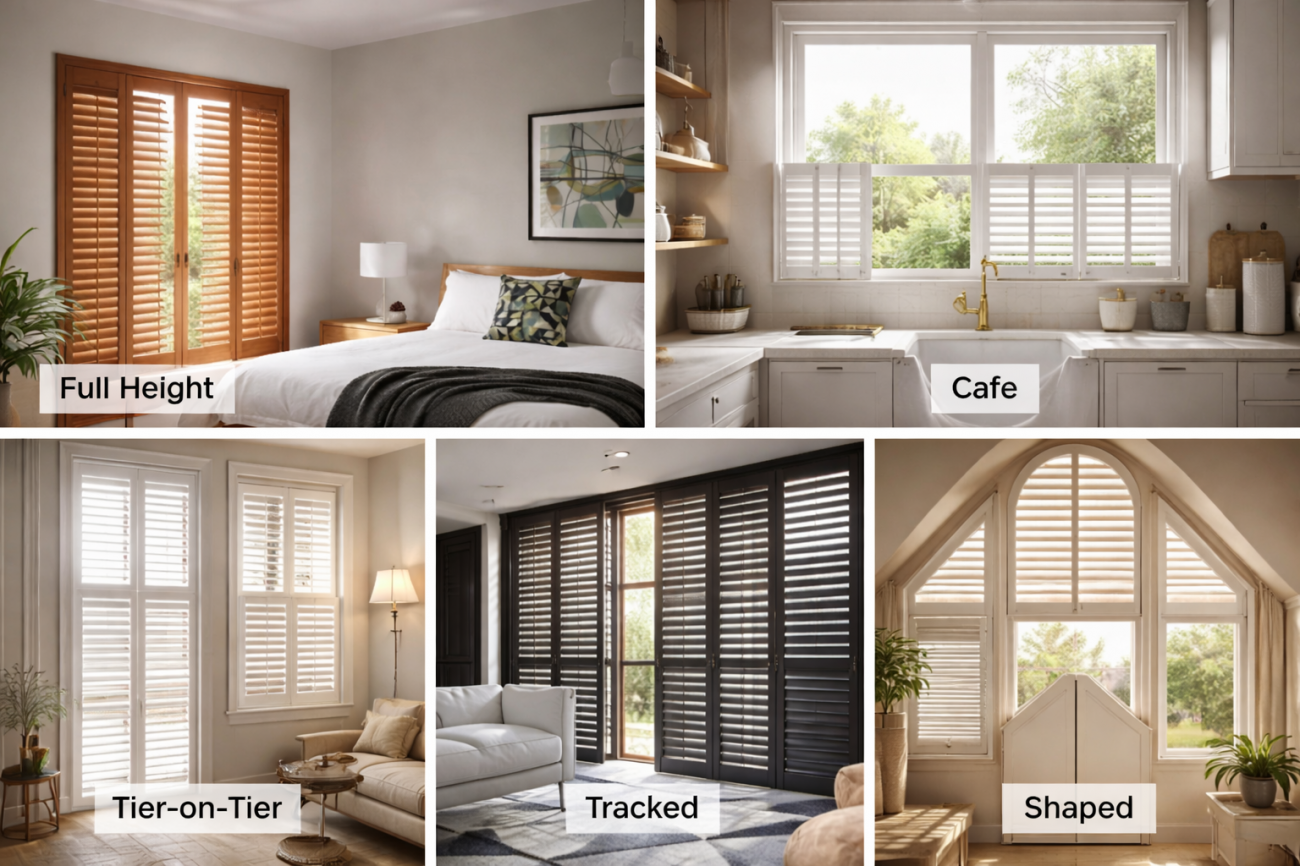 Четыре популярных схемы шаттерсов в интерьере: полная высота, Cafe, раздельные панели и решения под нестандартные проемы.