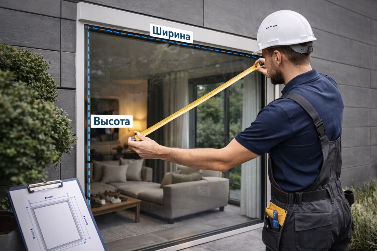 Специалист выполняет замер проема: ширина, высота, место крепления и запас под короб, чтобы система работала предсказуемо.