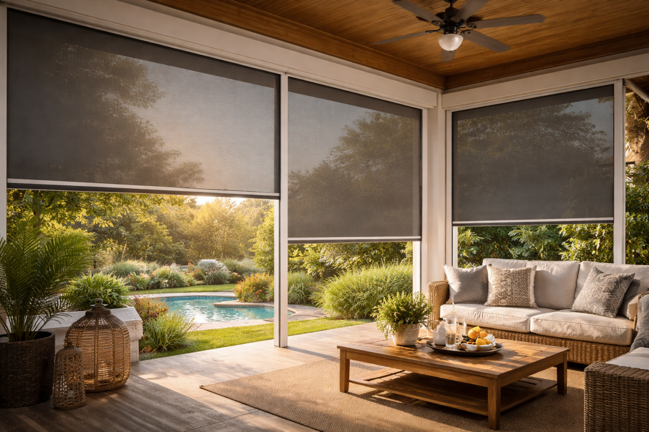 Наружные ZIP экраны с фиксацией полотна создают защищенное и комфортное пространство на террасе. Полотно стабильно удерживается в направляющих, снижает блики, защищает от солнца и ветра, сохраняя обзор и эстетичный внешний вид. Решение подходит для загородных домов, веранд и летних площадок кафе.