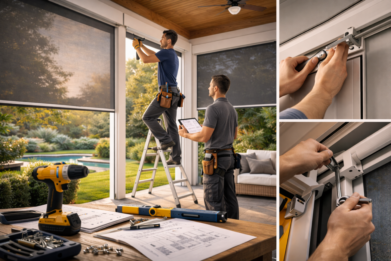 Полный цикл работ по ZIP системам для террас и веранд: точный замер проема, производство под размер, профессиональный монтаж направляющих и короба, настройка натяжения полотна и управления. После установки выполняются регулировка, сервис и замена изнашиваемых элементов для стабильной работы при ветровых нагрузках.