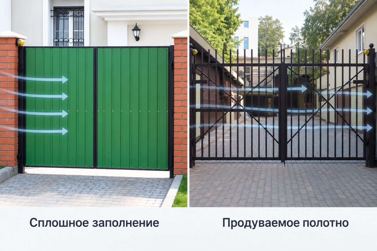 Что учитывать при большой парусности створок Инфографика сравнивает распашные ворота со сплошным заполнением и более продуваемым полотном с просветами. Стрелками показано прохождение воздушного потока. Сплошные створки создают большую ветровую нагрузку, поэтому при подборе автоматики и дополнительной фиксации ворот необходимо учитывать размеры, конструкцию и парусность створок