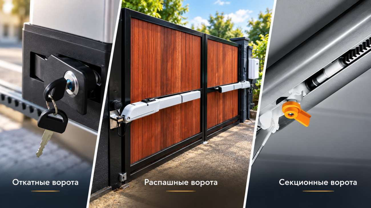Как ручная разблокировка помогает при диагностике ворот Инфографика показывает ручную разблокировку приводов на разных типах автоматических ворот: откатных, распашных и секционных. Перевод привода в ручной режим помогает проверить свободный ход ворот и отделить механическую неисправность от проблемы в автоматике или приводе