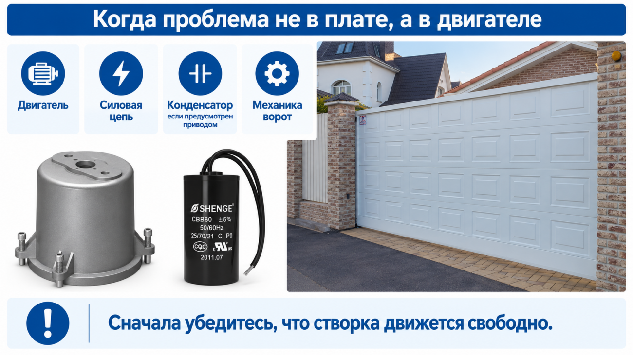 Когда проблема не в плате, а в двигателе Инфографика показывает, что причиной неисправности автоматики может быть не плата управления, а двигатель, силовая цепь, пусковой конденсатор или механика ворот. Отдельно указано, что перед дальнейшей диагностикой необходимо убедиться в свободном движении ворот