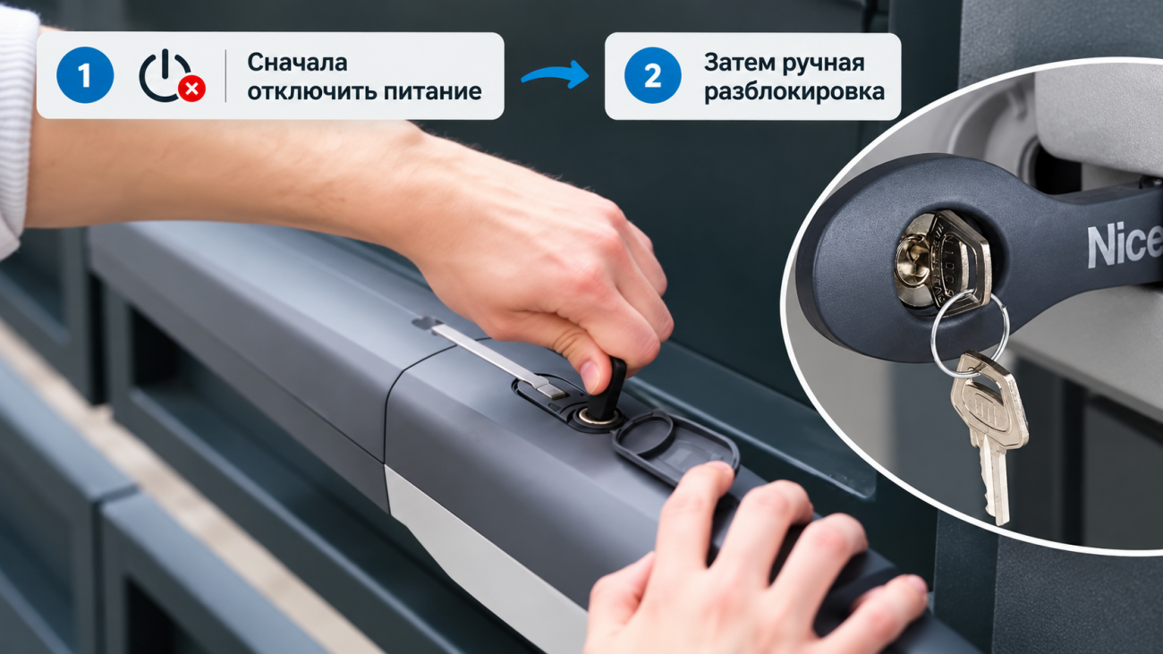 Нужно ли отключать питание перед ручной разблокировкой привода Инфографика показывает правильную последовательность действий перед ручной разблокировкой привода ворот: сначала отключить электропитание, затем перевести привод в ручной режим с помощью штатного механизма разблокировки.