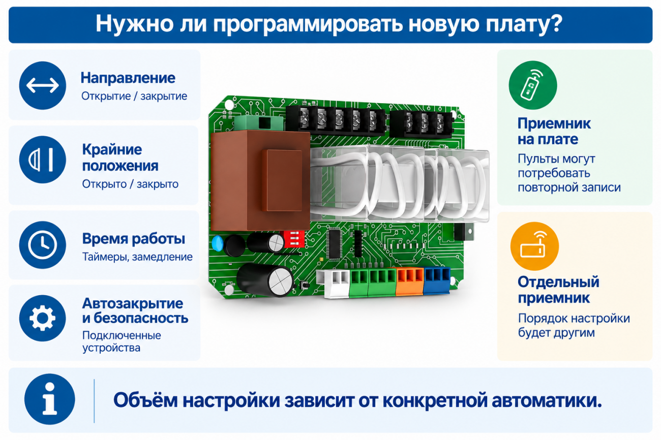 Нужно ли программировать новую плату управления Инфографика показывает основные параметры, которые могут потребовать настройки после замены платы управления: направление движения, крайние положения, время работы, автозакрытие и устройства безопасности. Отдельно показано, что при встроенном радиоприёмнике может потребоваться повторная запись пультов, а при отдельном приёмнике порядок настройки отличается
