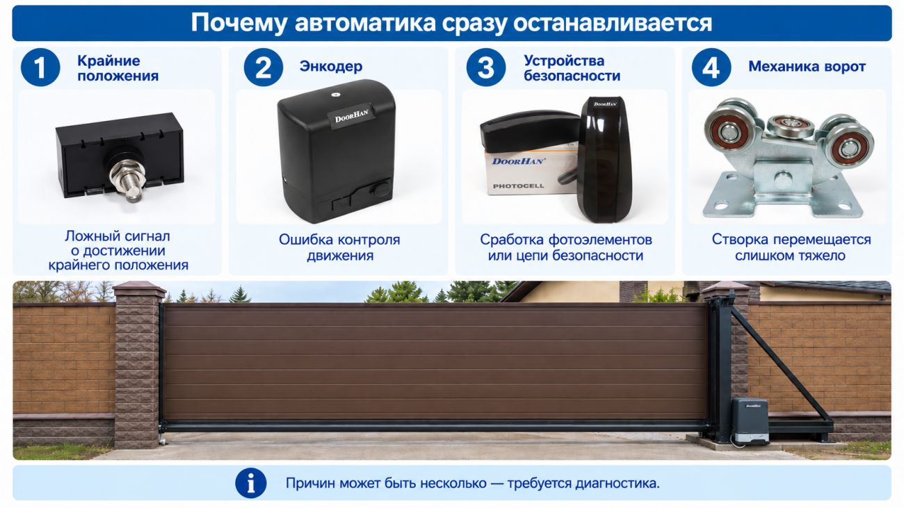 Почему автоматика ворот сразу останавливается Схема основных причин мгновенной остановки автоматики ворот: ложный сигнал о достижении крайнего положения, ошибка контроля движения, срабатывание фотоэлементов или цепи безопасности и повышенное сопротивление механики ворот. Внизу показаны откатные ворота с приводом и указано, что для точного определения причины требуется диагностика