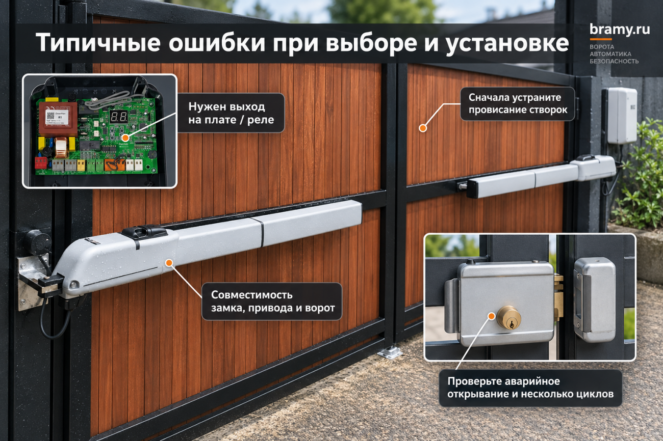 Типичные ошибки при выборе и установке Инфографика показывает основные моменты, которые необходимо проверить при выборе и установке электромеханического замка на автоматические распашные ворота: наличие подходящего выхода или реле на плате управления, совместимость замка с приводом и конструкцией ворот, отсутствие провисания створок, а также корректность аварийного открывания и работы системы в нескольких циклах