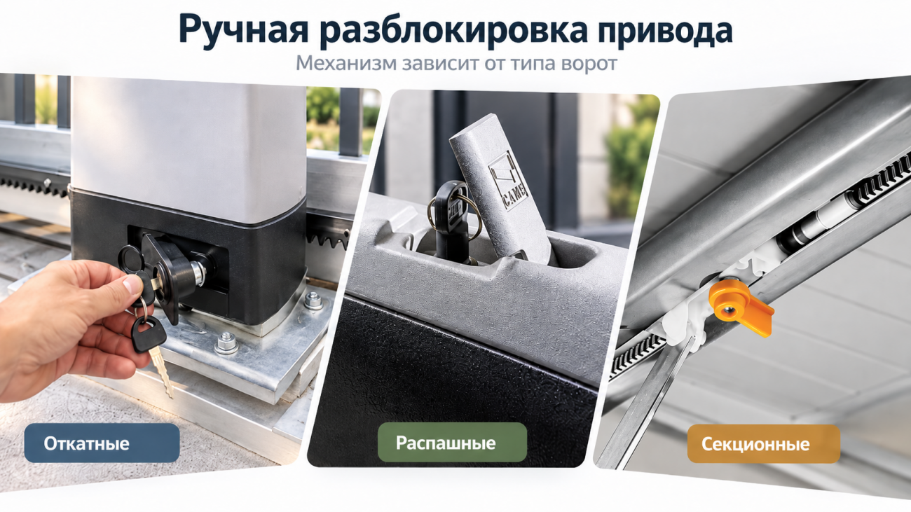 Ручная разблокировка привода ворот Инфографика показывает варианты ручной разблокировки привода для разных типов автоматических ворот: откатных, распашных и секционных. На примерах показаны механизмы доступа к разблокировке с помощью ключа или специального элемента привода. Ручная разблокировка позволяет перевести ворота в ручной режим при отключении электропитания, неисправности автоматики или необходимости аварийного открытия