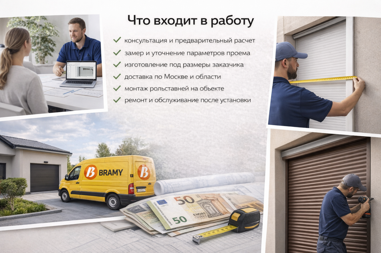 Что входит в работу при заказе рольставней Коллаж показывает полный цикл работ: от консультации и замера до монтажа и последующего обслуживания рольставней.