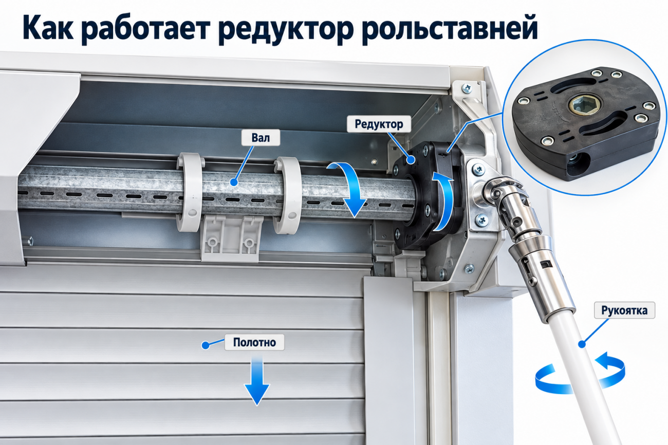 Как работает редуктор рольставней Инфографика показывает принцип работы редуктора рольставней с ручным приводом. Вращение рукоятки передаётся через редуктор на вал, который вращает полотно рольставни и обеспечивает его подъём или опускание. Отдельно крупным планом показан редуктор и его соединение с валом