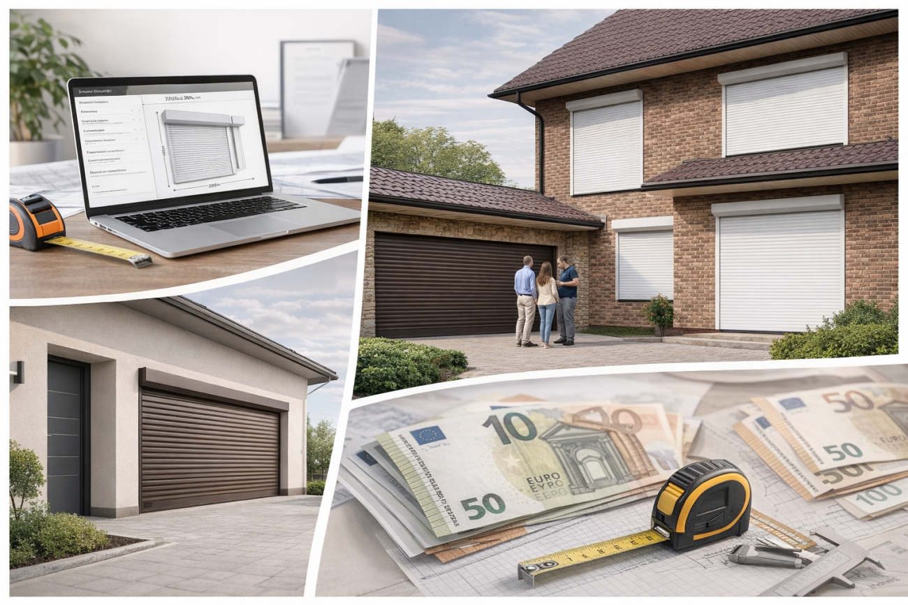 Рольставни: расчет размеров и стоимости под ваш проем Коллаж показывает ключевые факторы расчета ролиcтавней: замер, выбор конструкции и формирование стоимости с учетом реальных параметров объекта.