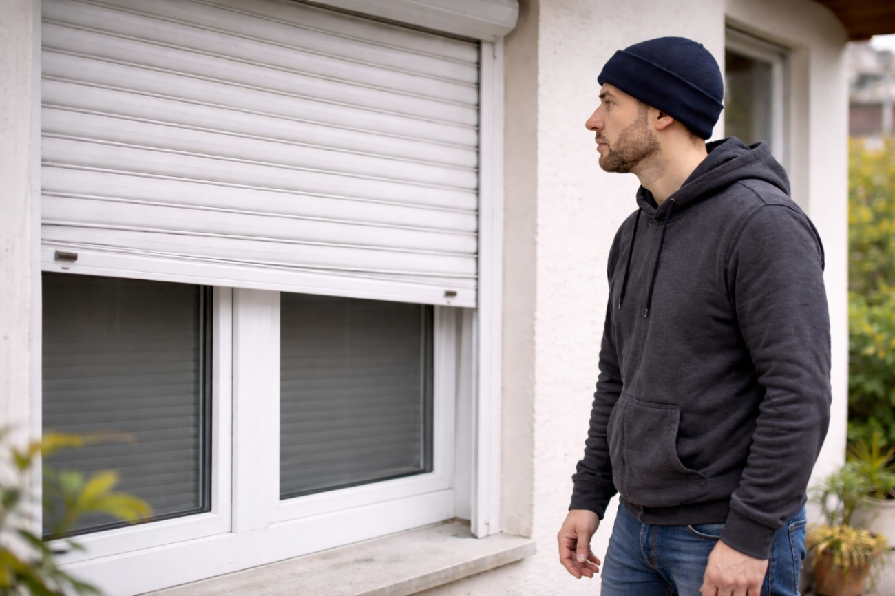 Оценка перекоса полотна рольставни перед вызовом сервиса Человек у окна осматривает перекос полотна рольставни в направляющих и оценивает ситуацию перед обращением в сервис.