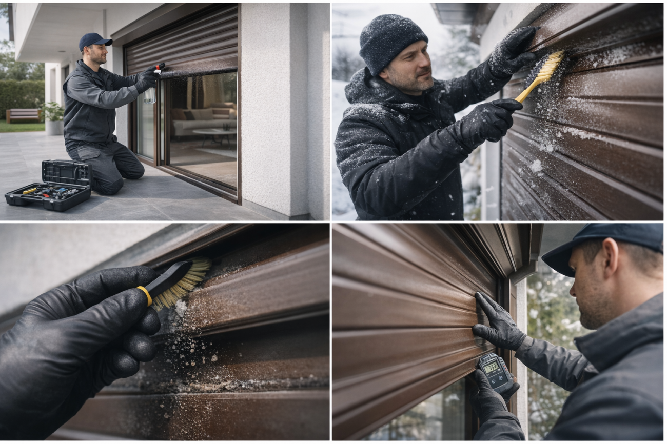 Профилактика рольставней - чистка, контроль хода, сервис после зимы Серия из 5 горизонтальных фото в разных стилях: премиальная сервисная проверка у современного дома, зимняя очистка после снега, макро чистки направляющей от песка, проверка плавности хода полотна, инспекция узлов внутри короба.