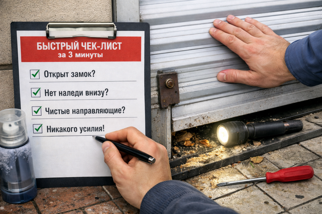 Рольставни заклинило - быстрый чек-лист за 3 минуты Крупный план: проверка заклинивших рольставней по чек-листу, видны загрязнения в направляющей и предупреждение не прикладывать усилие.