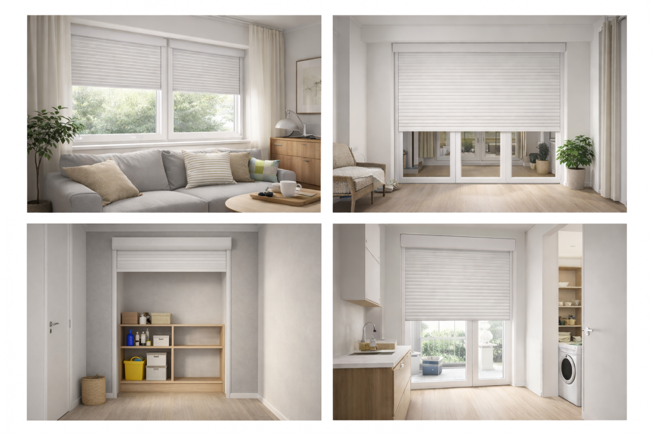 Где в квартире устанавливают рольставни Коллаж показывает типовые сценарии установки рольставней в квартире: на окна, на балконный проем, в кладовку и во внутренние проемы.