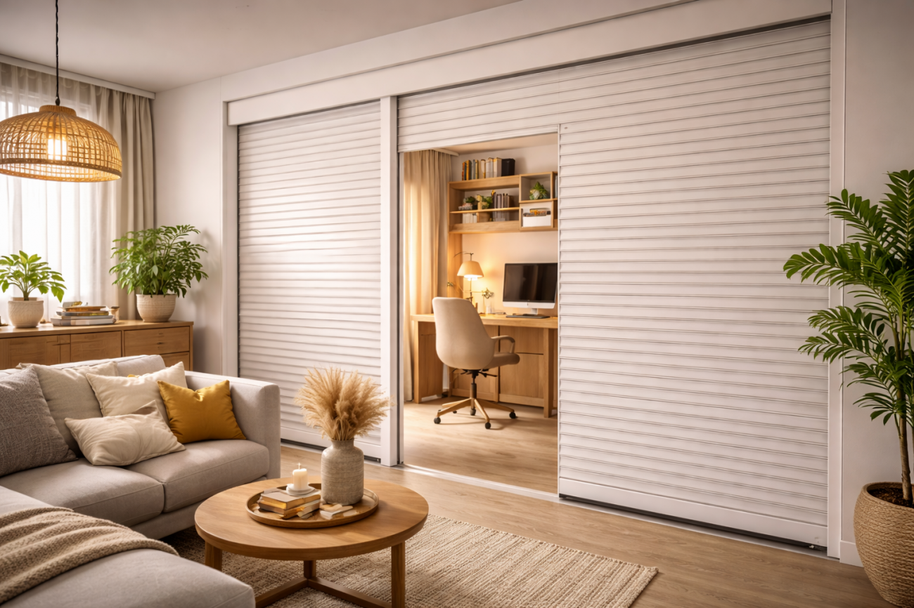 Межкомнатные рольставни - перегородка внутри помещения Рольставни внутри комнаты работают как компактная перегородка: полотно поднимается в короб и освобождает проем без распашных створок.