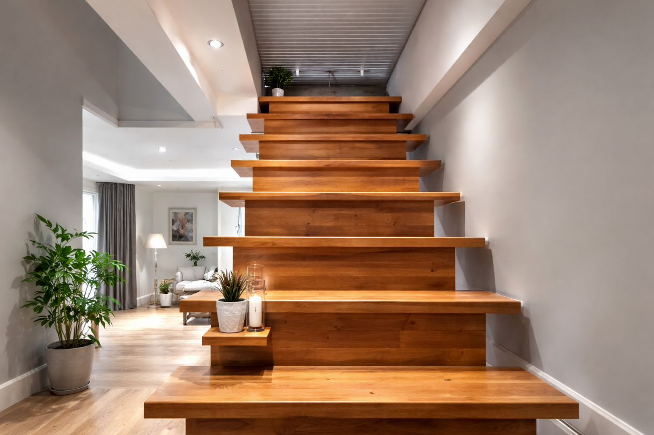 Горизонтальная рольставня в нестандартном проеме над лестницей Рольставня установлена в ограниченном проеме над лестницей, демонстрируя аккуратное решение для сложных зон и компактную интеграцию в современный интерьер.