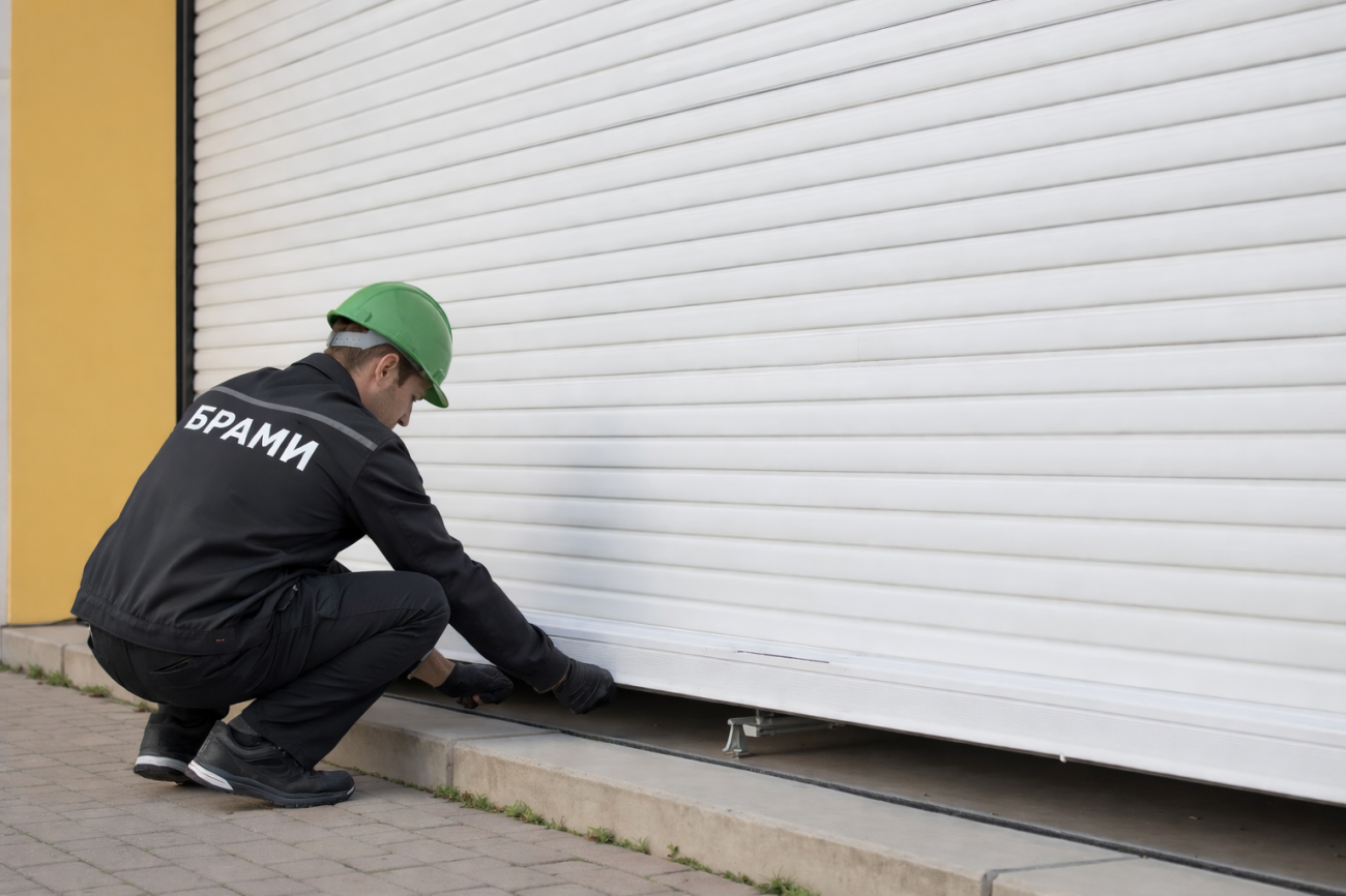 Монтажник проверяет нижний профиль рольставни Специалист осматривает нижнюю часть рольставни перед регулировкой или обслуживанием системы.