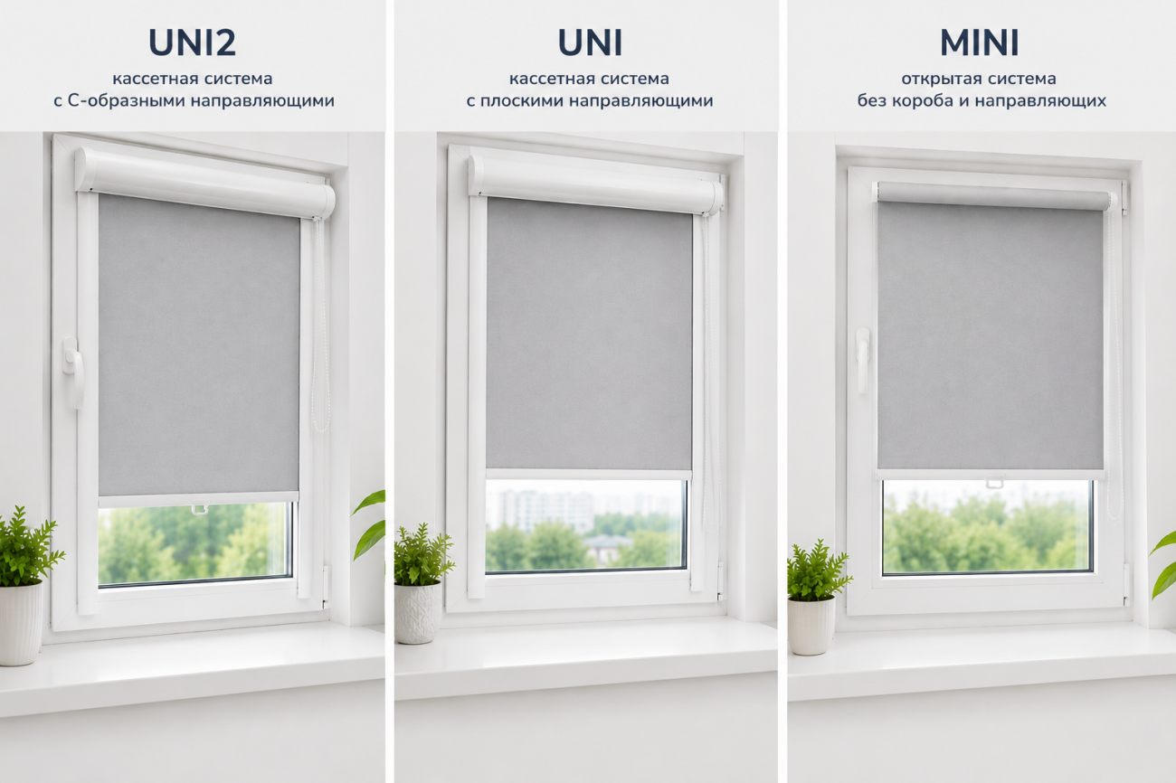Чем UNI2 отличается от UNI и MINI Сравнение рулонных штор UNI2, UNI и MINI для пластиковых окон