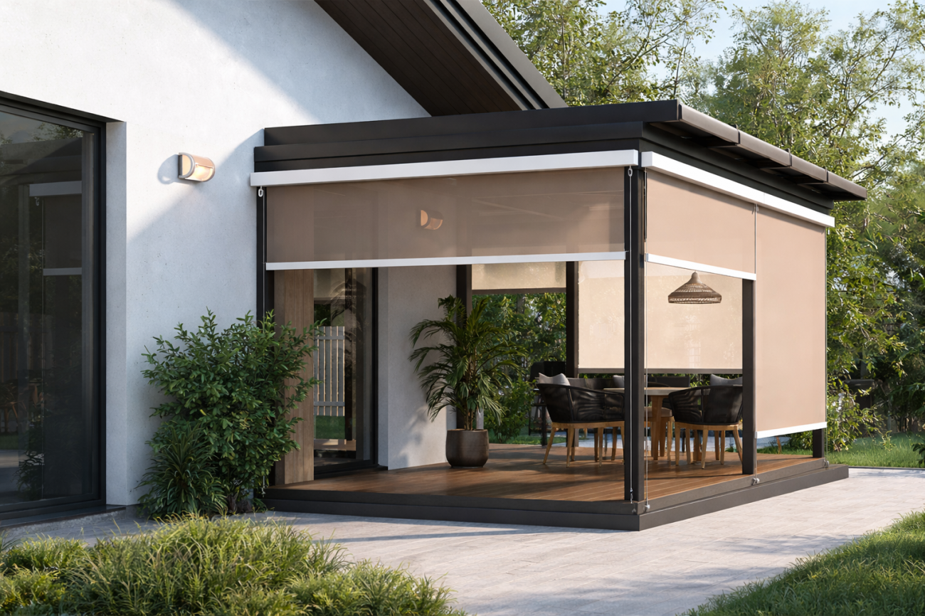 LOCK система - кассетный экран без направляющих Наружный кассетный экран LOCK фиксируется тросом без боковых направляющих, защищая террасу от солнца и сохраняя легкость проема.