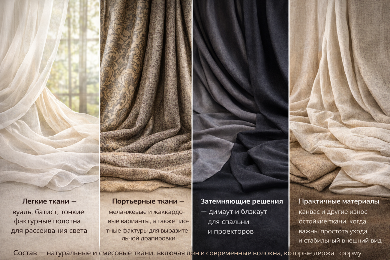 Материалы для штор и портьер - фактура, свет и функциональность На фото представлены основные категории тканей для штор: легкие полупрозрачные полотна для мягкого рассеивания света, выразительные портьерные фактуры для глубокой драпировки, затемняющие решения димаут и блэкаут, а также практичные износостойкие материалы. Наглядно показана разница плотности, текстуры и светопропускания - от воздушной вуали до плотных затемняющих тканей.