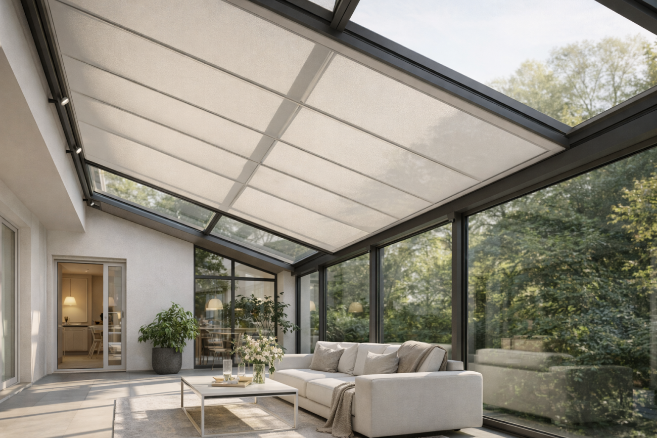 Потолочная ZIP ROOF в зимнем саду - контроль света без утяжеления пространства Внутренняя потолочная система ZIP ROOF на остекленной крыше мягко снижает блики и перегрев, сохраняя легкую архитектуру панорамной зоны.